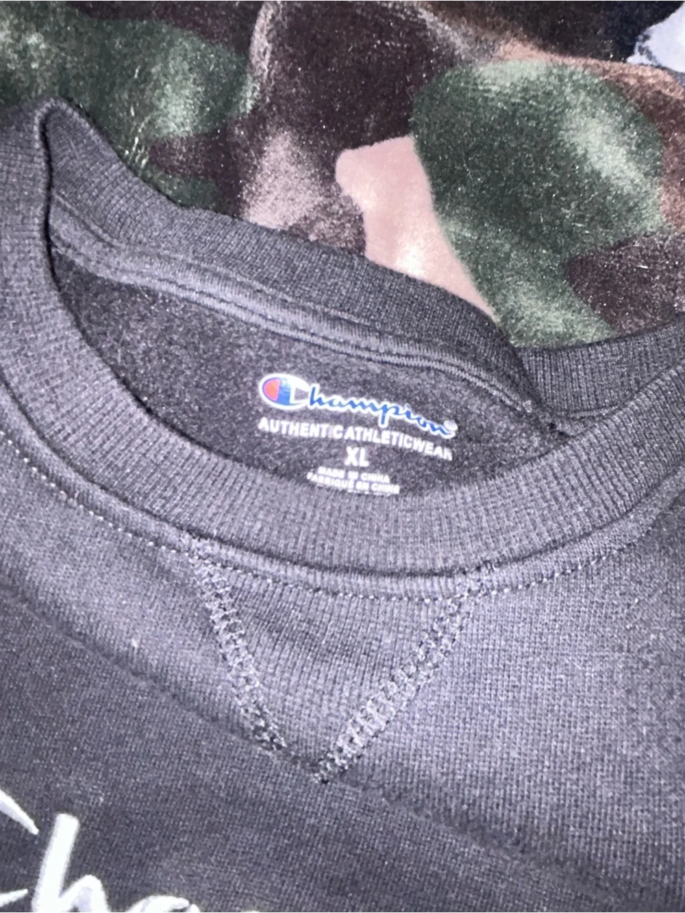 Champion Black Crewneck with Script Logo and Red Accent
